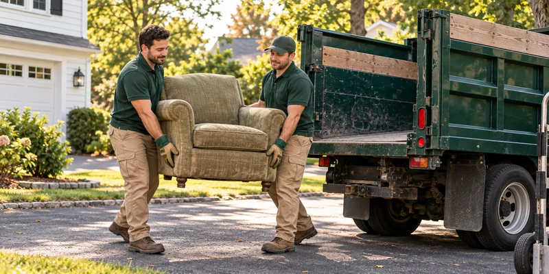 Two crew members carrying an armchair toward a green hauling truck.