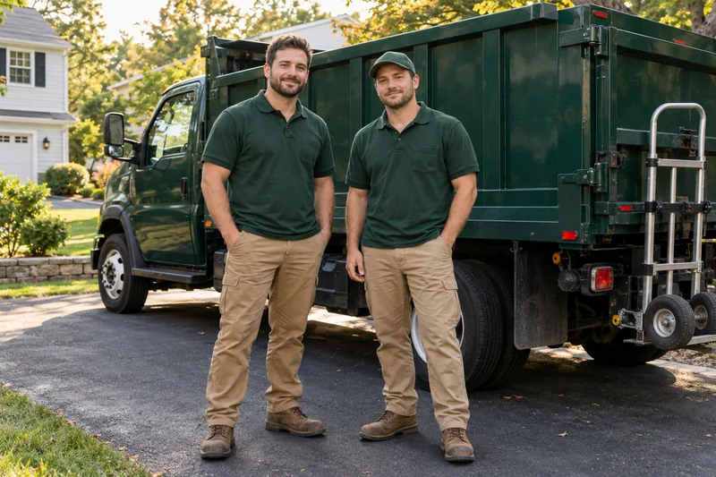 Two crew members standing beside a forest-green hauling truck.