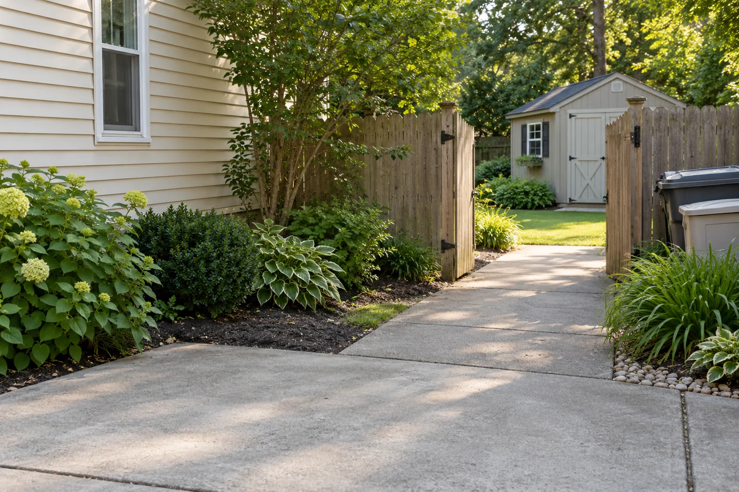 A driveway and clear side path through an open gate to a backyard shed