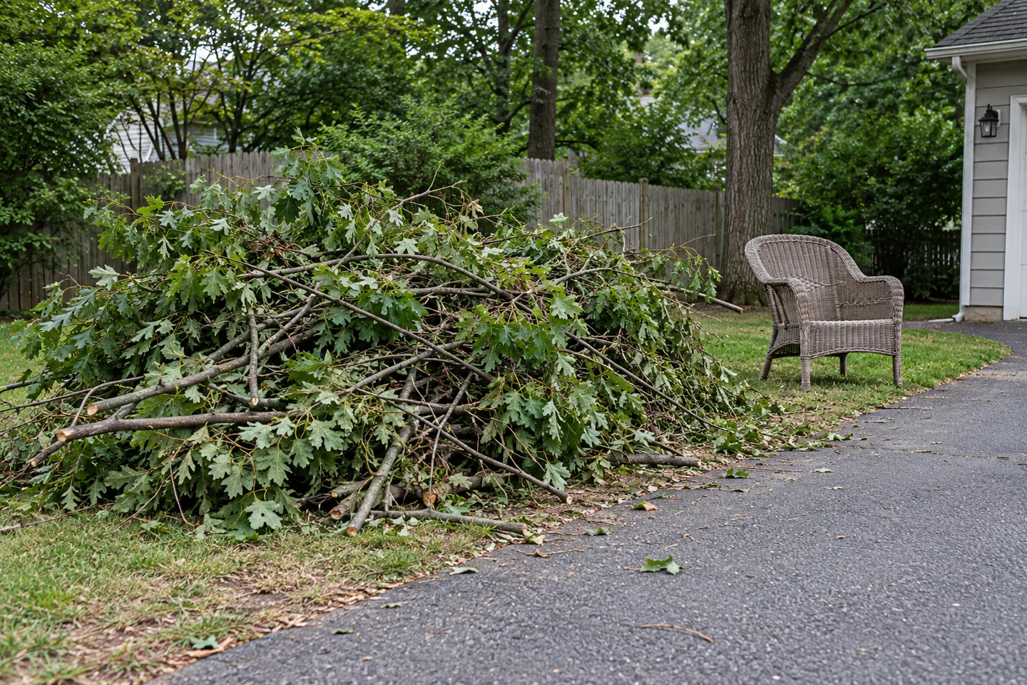 Cut branches beside a driveway, with outdoor chairs standing separately