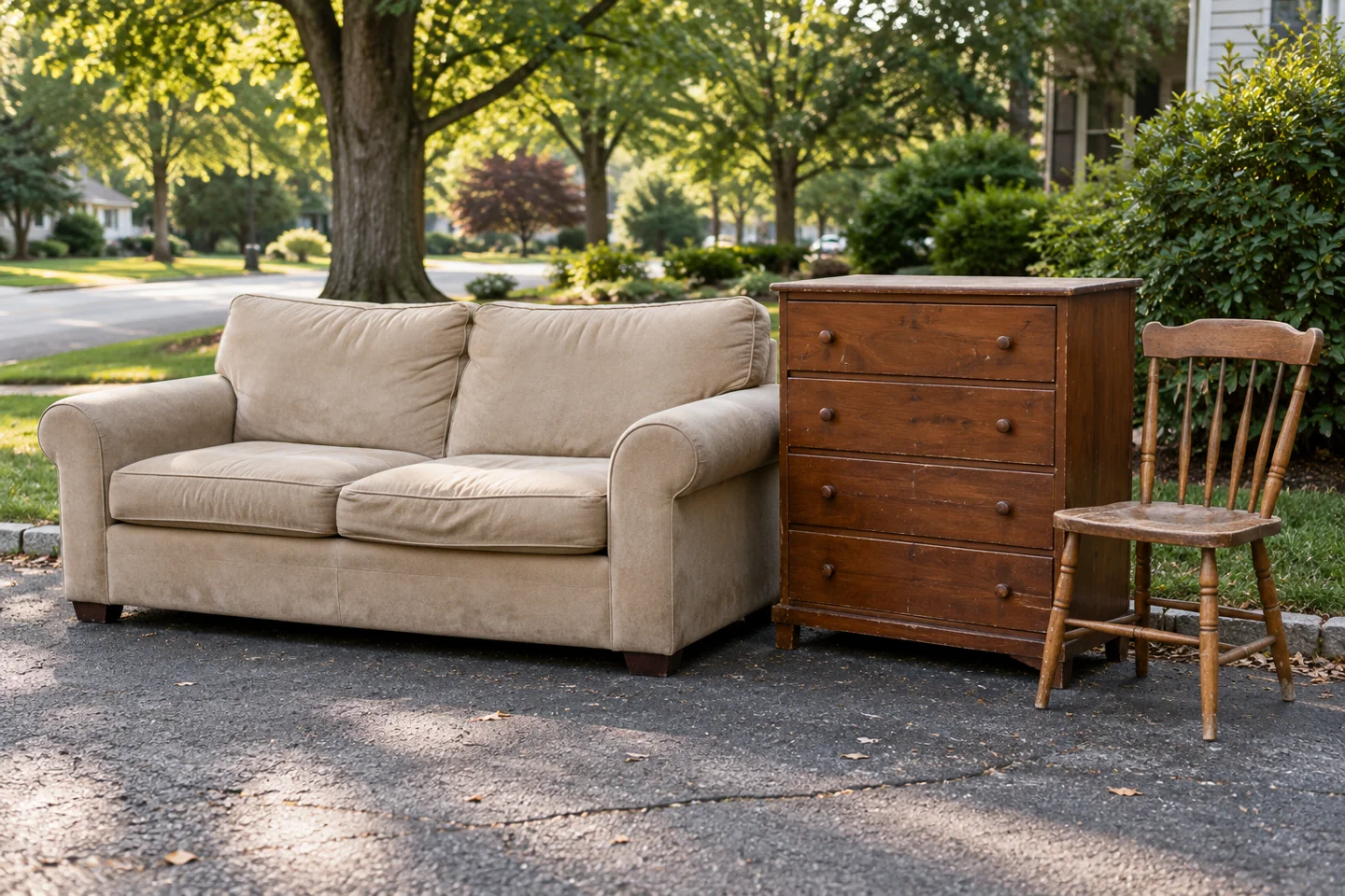 A worn sofa, scratched dresser and wooden chair grouped at the edge of a driveway.