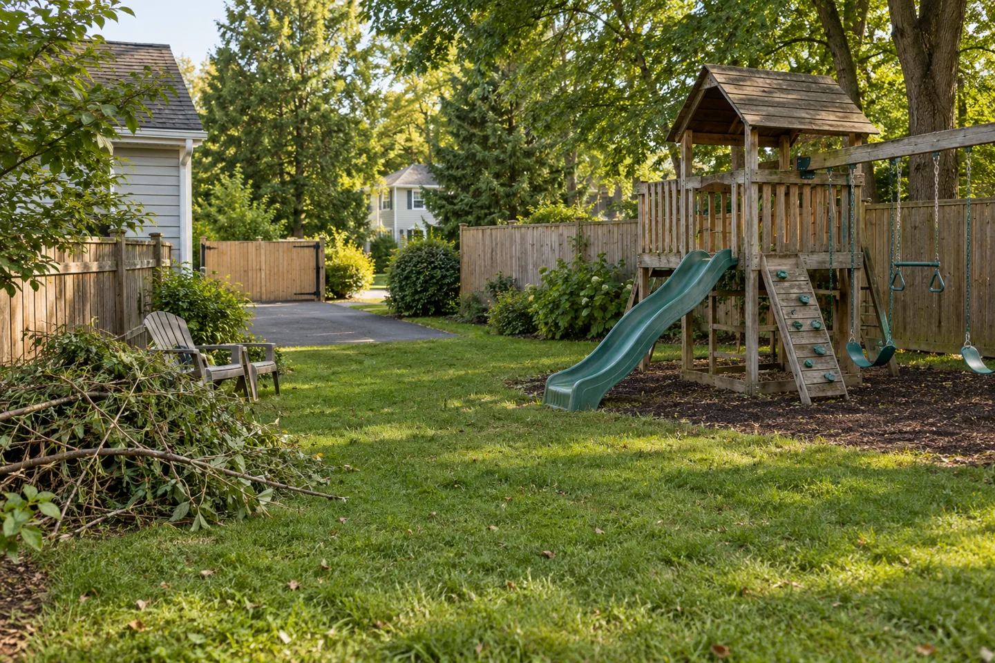 A wooden playset, unused chairs and a separate pile of branches in a backyard.