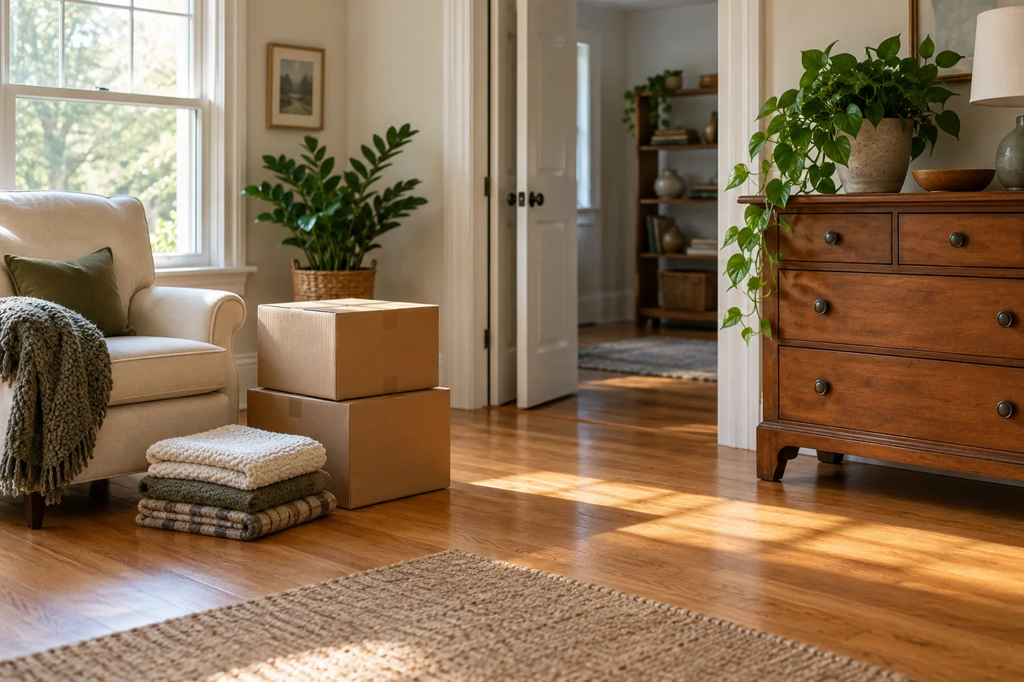 A dresser, armchair and packed boxes with a clear route through the room.