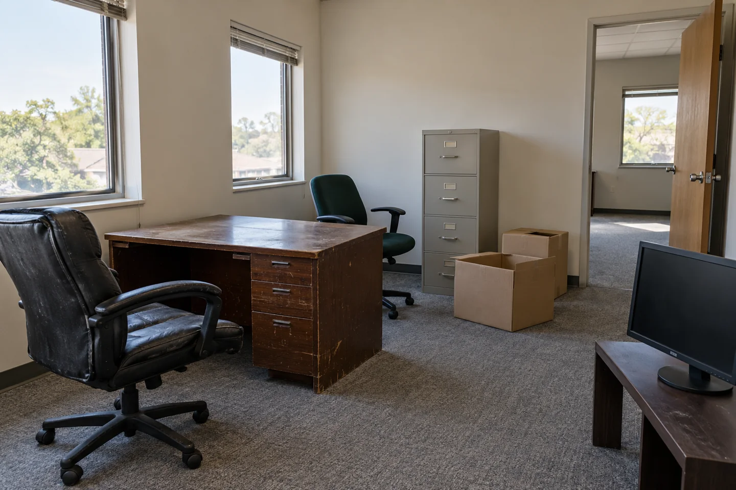 Worn office chairs, a desk, a filing cabinet and separately placed electronics in an office.
