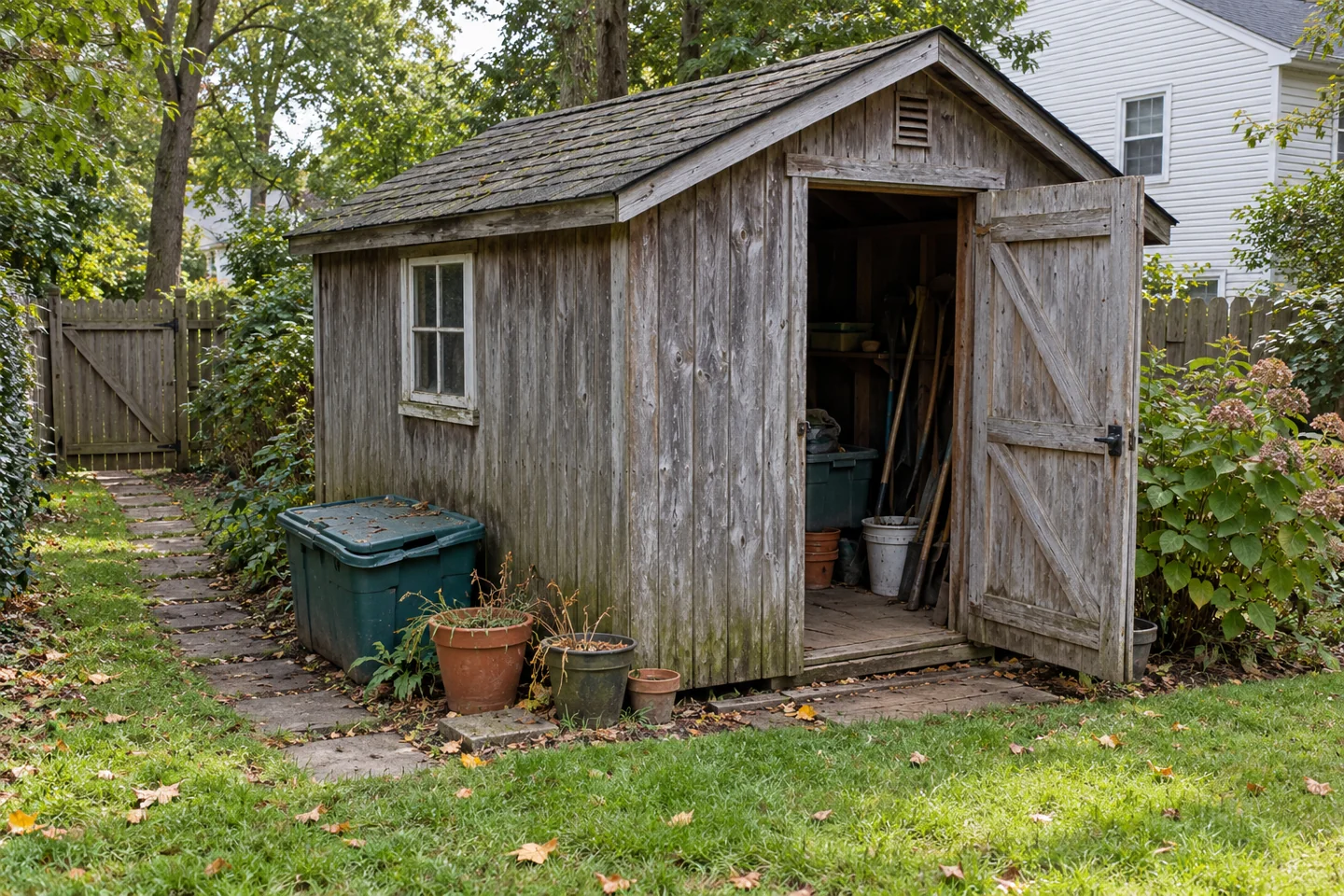 A weathered wooden shed with an open door, its base and surrounding access visible.