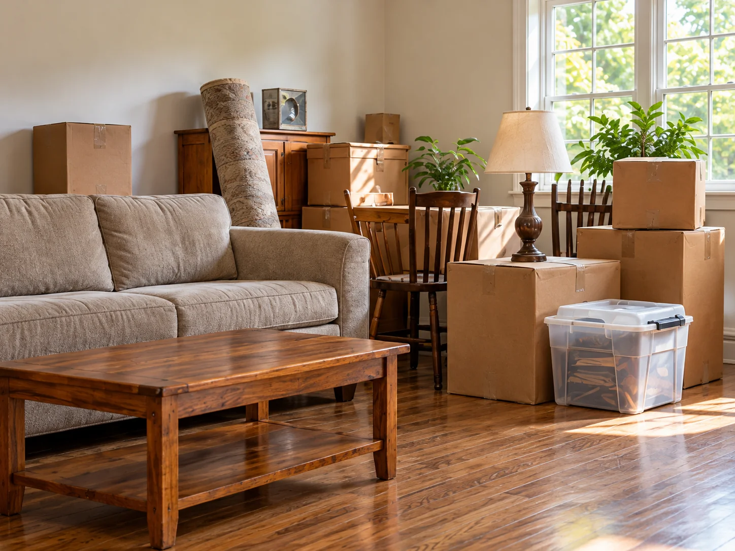 Furniture, boxes and household belongings in a sunlit room.