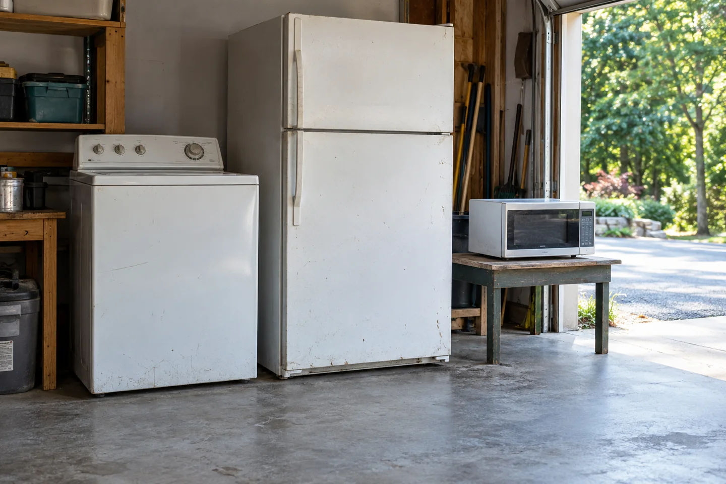 An older washer, refrigerator and separate microwave in an open garage