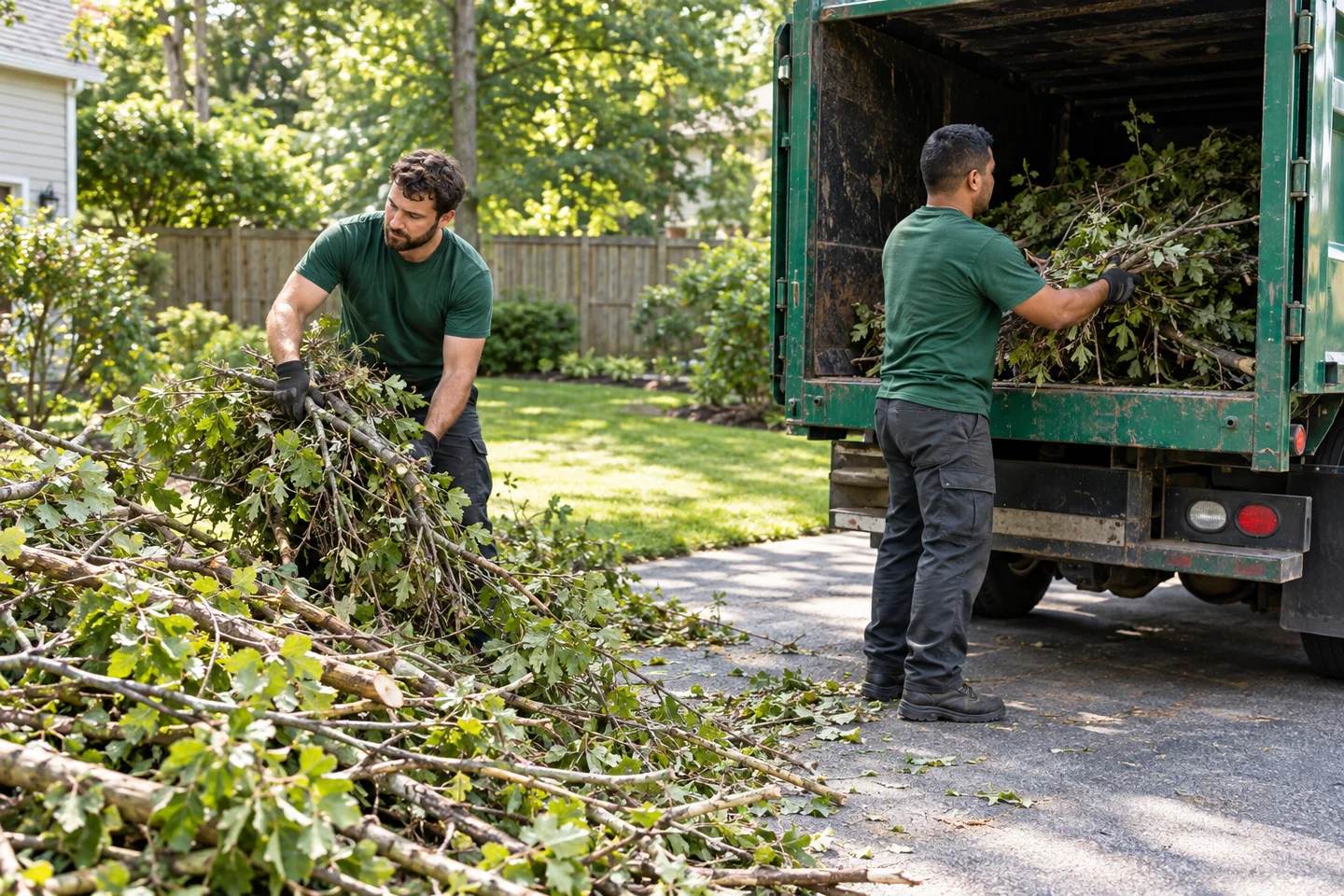 Two haulers loading cut branches into a green truck beside a driveway.